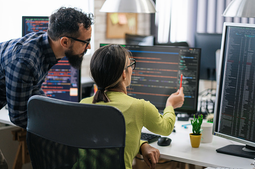 Couple Software Engineer Developer Use Computer Work On Program Coding ...