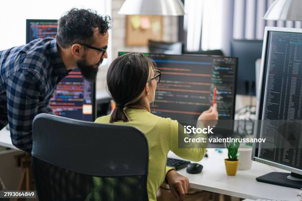 Couple Software Engineer Developer Use Computer Work On Program Coding ...