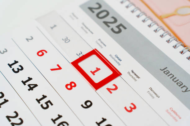 Sheets of a tear-off calendar for 2025 with a red frame. Making calendars with photos in a printing house as a gift or as a souvenir.