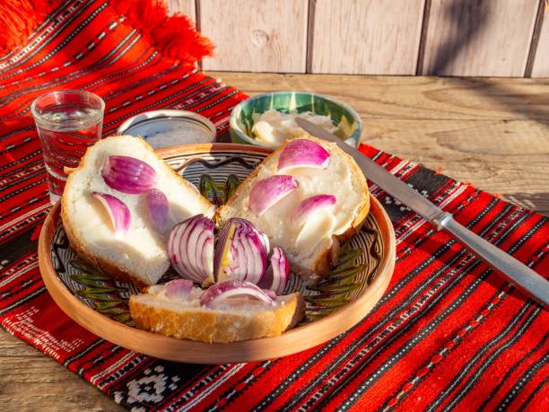 istock Traditional Bulgarian breakfast with bread and rakia. 2193077010