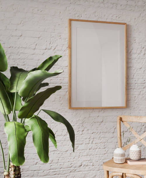 istock Interior living room mockup frame, brick wall poster empty in home design, interior design element mockup, blank frame 3d render 2193077991