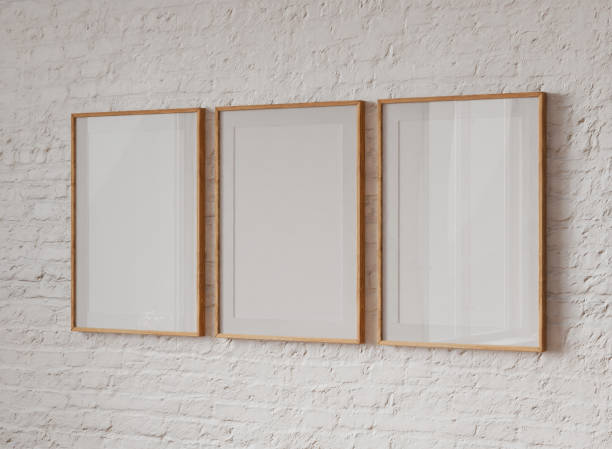 Interior living room mockup frame, brick wall poster empty in home design, interior design element mockup, blank frame 3d render