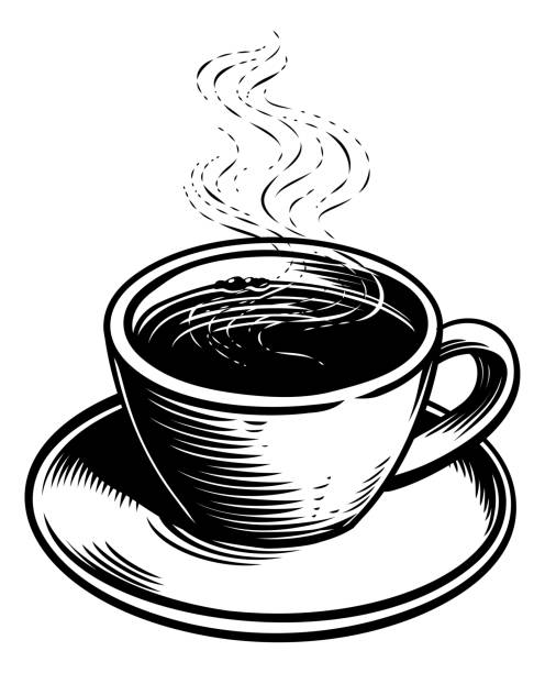 A coffee mug or cup with steam or smoke in a retro etching engraving woodcut style