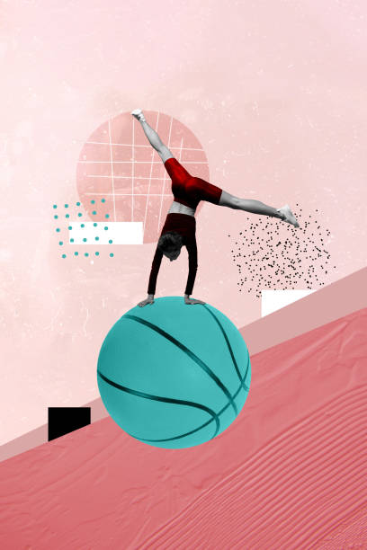 istock Vertical collage creative picture image monochrome effect sportive powerful young lady acrobatic exercise exclusive pink background 2193078814