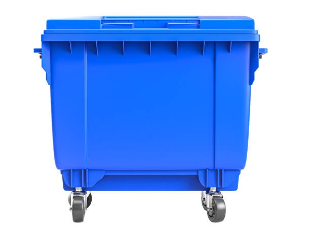istock Large blue plastic wheelie bin for waste collection on white background 2193079082