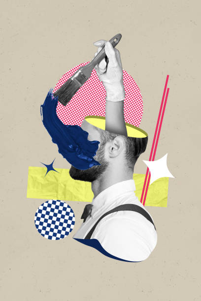istock Vertical collage poster young man half head human arm hold paintbrush color painter caricature bizarre concept drawing background 2193079152