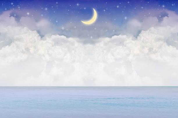 istock crescent moon and the clouds, surface of the sea in the night sky background illustration 2193083018