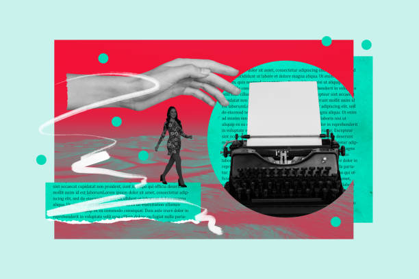 istock Creative collage image of black white effect arm mini girl walk big typing machine piece book text page isolated on turquoise background 2193083434