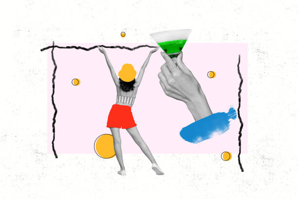 istock Collage creative picture illustration black white filter happy joyful relax young female pose party alcohol cocktail sketch white background 2193083521