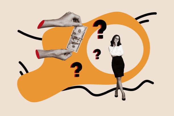istock Collage creative poster black white filter thoughtful dreamy pretty young lady look money banknote question absurd paint white background 2193083622