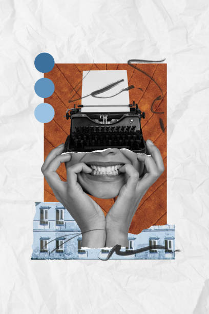 istock Vertical collage picture of black white colors girl face typing machine teeth bite finger nails building isolated on creative paper background 2193086310
