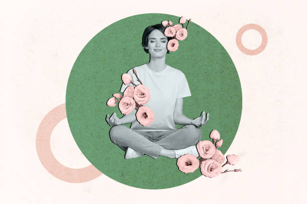 istock Creative collage picture illustration black white filter peaceful harmony beautiful young woman practicing yoga flower white background 2193086414