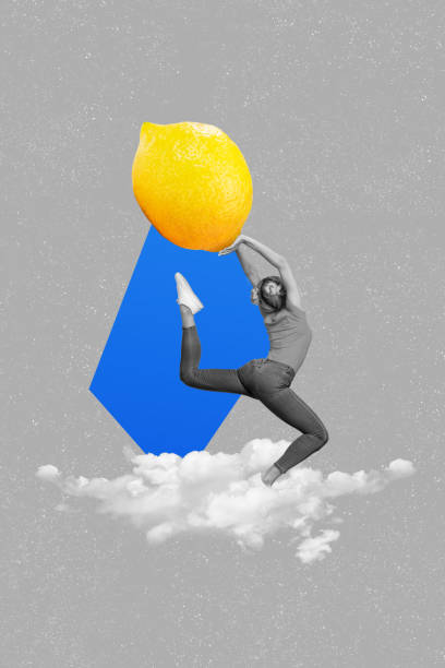 istock Vertical collage creative picture image monochrome effect excited sportive young woman hold hand large lemon empty background 2193087151