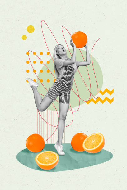 istock Vertical collage creative poster monochrome effect beautiful amazed happy young lady play ball fruit tropical citrus sale banner 2193087152