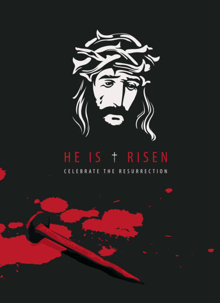 Jesus Christ on background with nail and drops of blood Portrait of crying Jesus Christ on background with nail and drops of blood. Face in crown of thorns with tear. Vector illustration with inscription "he is risen" "celebrate resurrection" nail cross stock illustrations