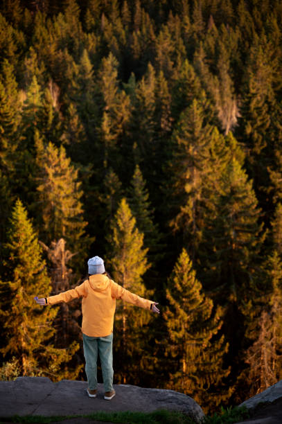 istock A girl standing on a cliff in Karelia Russia 2193088677