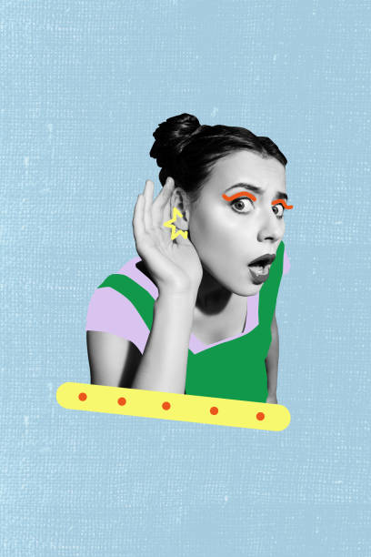 istock Vertical collage of interested black white effect girl hand ear eavesdrop listen conversation isolated on painted blue background 2193089828