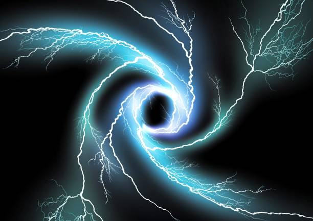istock 3D illustration of blue lightning swirls on a black background 2193089886