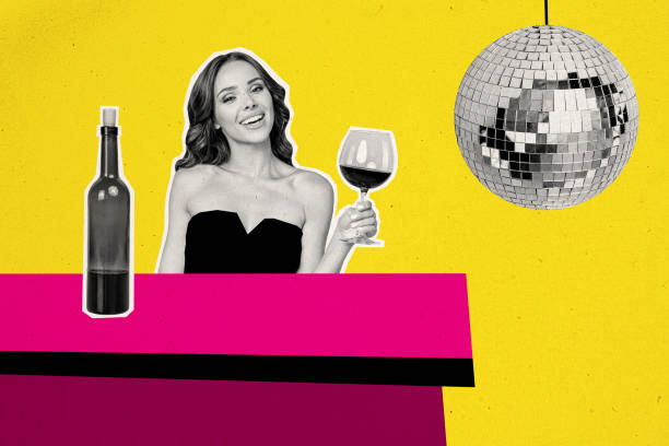 Creative collage poster young cheerful elegant woman drinking glass wine discoball party pub alcoholic liquid yellow background Creative collage poster young cheerful elegant woman drinking glass wine discoball party pub alcoholic liquid yellow background. drunk visual stock pictures, royalty-free photos & images