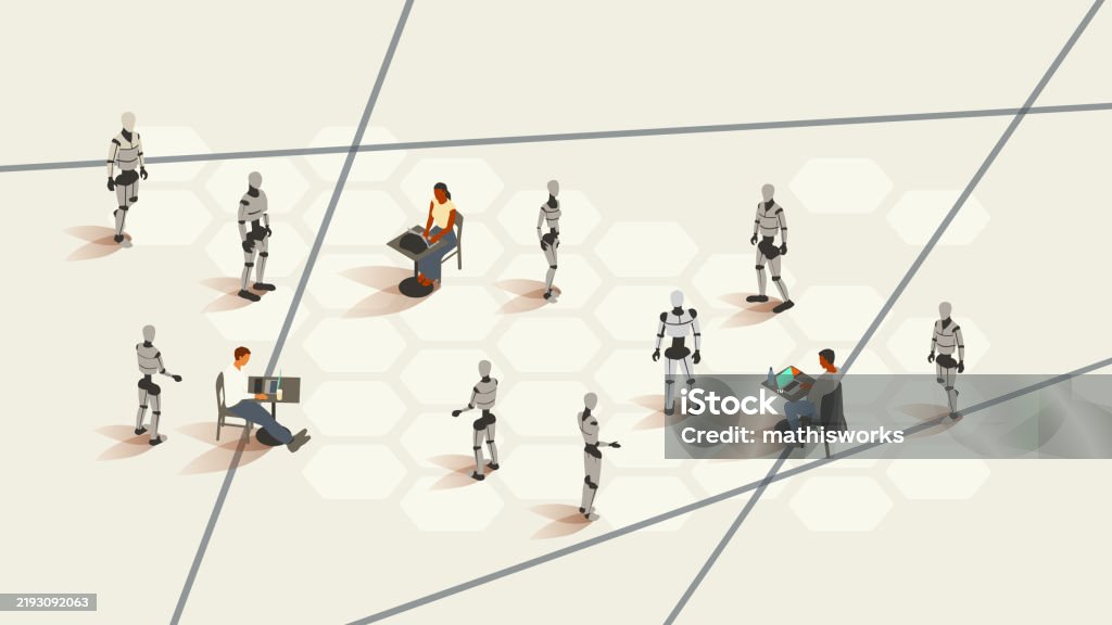 Humans in the loop HITL Nine humanoid robots gather near three people seated at tables working with laptops in this isometric illustration. The image sits on a beige background with a honeycomb pattern. Dark gray lines cut across the image at irregular angles, signifying connections beyond the edges of the illustration. The woman is our human agent and is the human in the loop (HITL). Robot stock vector Humans in the loop HITL Nine humanoid robots gather near three people seated at tables working with laptops in this isometric illustration. The image sits on a beige background with a honeycomb pattern. Dark gray lines cut across the image at irregular angles, signifying connections beyond the edges of the illustration. The woman is our human agent and is the human in the loop (HITL). Robot stock vector