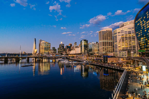 Darling Harbor in Sidney in Australia at sunset.