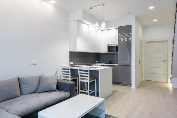 istock Modern open-plan apartment with gray sofa and small kitchen area. Minimalist design with light wood floors and white cabinetry. Home Interior. Living Room 2193092697