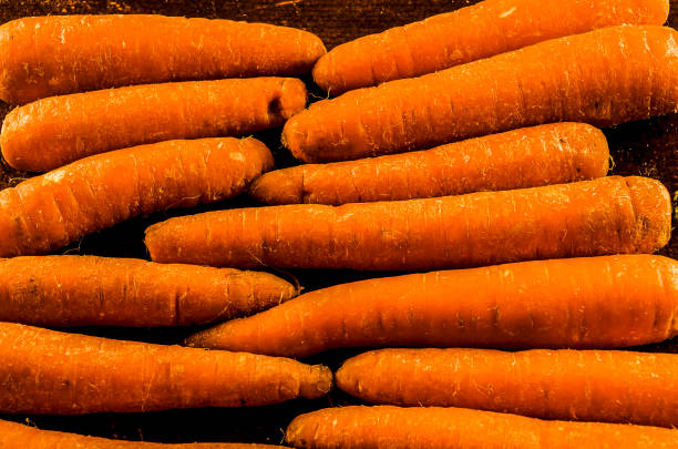 A bunch of carrots are shown in a row. The carrots are orange and appear to be fresh