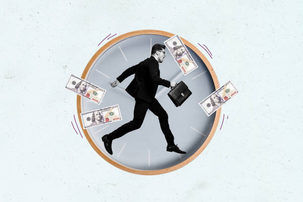 istock Artwork collage of mini black white colors elegant guy hold briefcase run inside huge clock watch flying dollar bills isolated on blue background 2193098874