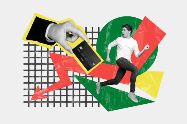 istock Creative collage picture illustration monochrome effect scary sadness unhappy young man run bankruptcy hand hold card colorful template 2193098886