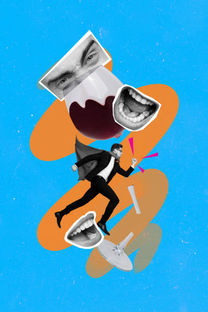 istock Vertical collage image of mini black white effect elegant guy superhero cape run hurry big talking mouth watching eyes broken wine glass 2193098926