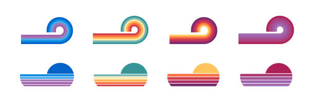 Vintage retro sunset elements. Abstract retro ocean sunset. Sun 80s in retro style. Retro sunset. Vintage sunset. Old sunset illustration