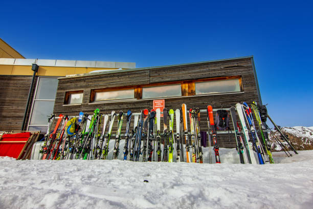 Snowy Winter ski resort on mountain, view out open window