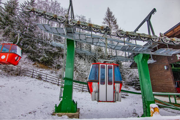 Oberstdorf, Germany - December 23, 2014: Nebelhorn cable car moving up Nebelhorn Mountain in winter time. The cable car offers close views of the Nebelhorn summit.