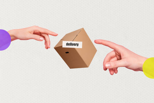 Horizontal composite design photo collage of hands holding carton pack container box parcel mail service delivery on textured background.