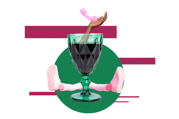 istock Creative abstract composite photo collage of anonymous person hiding behind martini wine glass hold old phone isolated on white background 2193103726