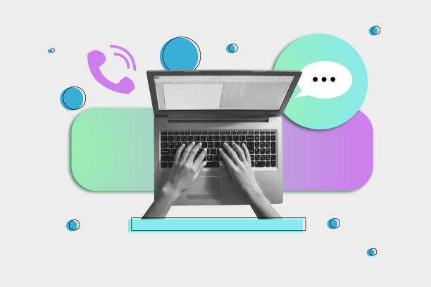 istock Collage picture template of using laptop to download files and work tasks sending messages in telegram isolated on white background 2193103737