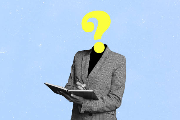 istock Composite unusual creative art collage of headless woman caricature question mark write report put signature pen note planner isolated on blue color background 2193104152