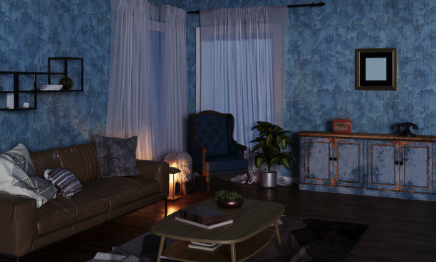 Vintage living room with retro furniture and blue wallpaper, night scene. (3d render)
