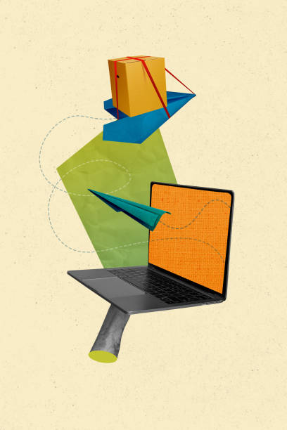 istock Vertical collage creative poster illustration hand hold laptop make online order delivery box fly airplane distance white background 2193107548