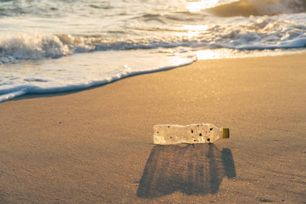 istock A plastic bottle lies on the beach, illuminated by the orange sunrise. 2193112593
