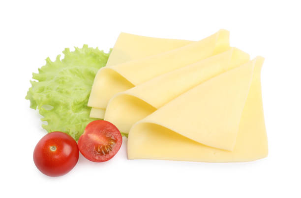istock Slices of fresh cheese, tomatoes and lettuce isolated on white, top view 2193112848