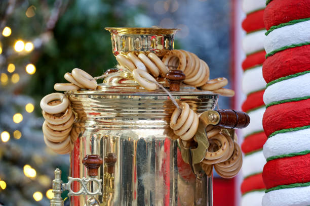 Traditional Russian samovar with bagels on winter street