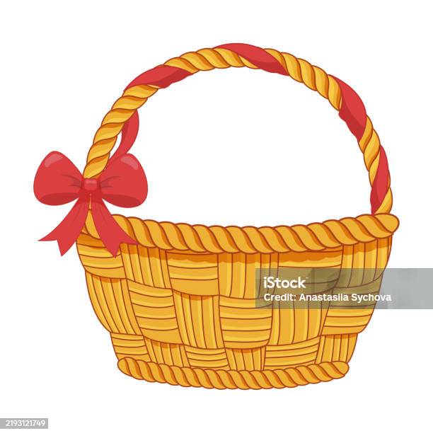 Basket Ribbon Vector Wicker Easter Empty Basket With Red Bow And Ribbon Vector Hand Drawn ...
