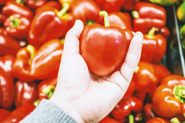Colorful sweet bell peppers on display in market