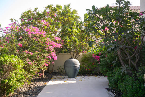 Lush greenery, and a decorative vase in landscaped garden. UAE