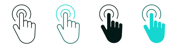 hand-cursor-symbolsatz. linie und flaches, einfarbiges logo. technologie, künstliche intelligenz oder internetkonzept. modernes klicksymbol für web oder mobile app. tippen sie mit dem finger oder berühren sie das zeichen. bearbeitbarer vektorstrich. - berührungsbildschirm stock-grafiken, -clipart, -cartoons und -symbole