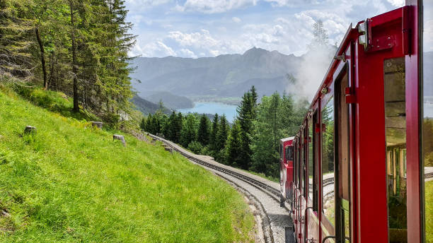 Photo of the cogwheel train moving down towards the Wolfgangsee