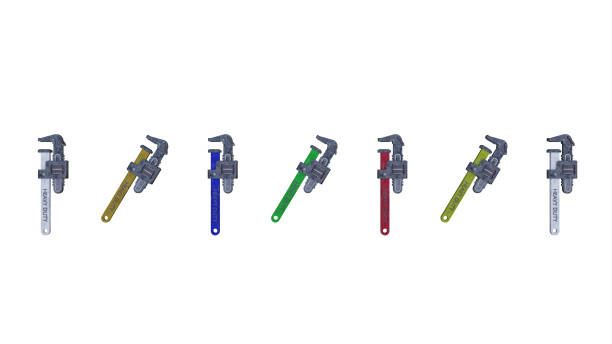 3d render different colors of Pipe Wrench Isolated on white backdrop . 3D illustration