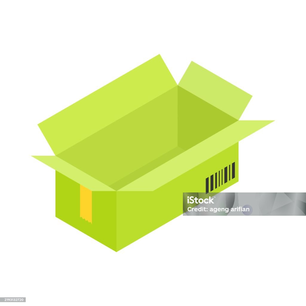 Package Box Vector View An Open Light Green Package Box With A Barcode And Yellow Tape Empty ...