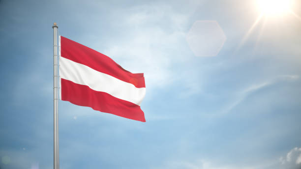 Austria Flag Waving in the Wind in Blue Sky 3d Render Austria Flag Waving in the Wind in Blue Sky, Concepts of Democracy and International Relations, (close-up) light blue silk stock pictures, royalty-free photos & images